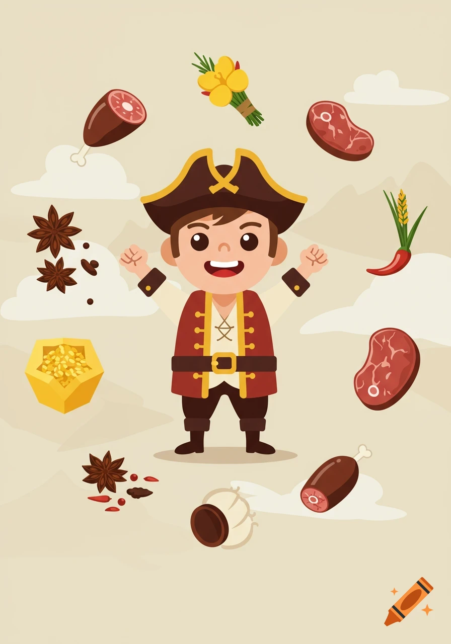 A cartoon illustration of a smiling boy dressed as a pirate, surrounded by floating food items and spices like meat, flowers, chili, and star anise.