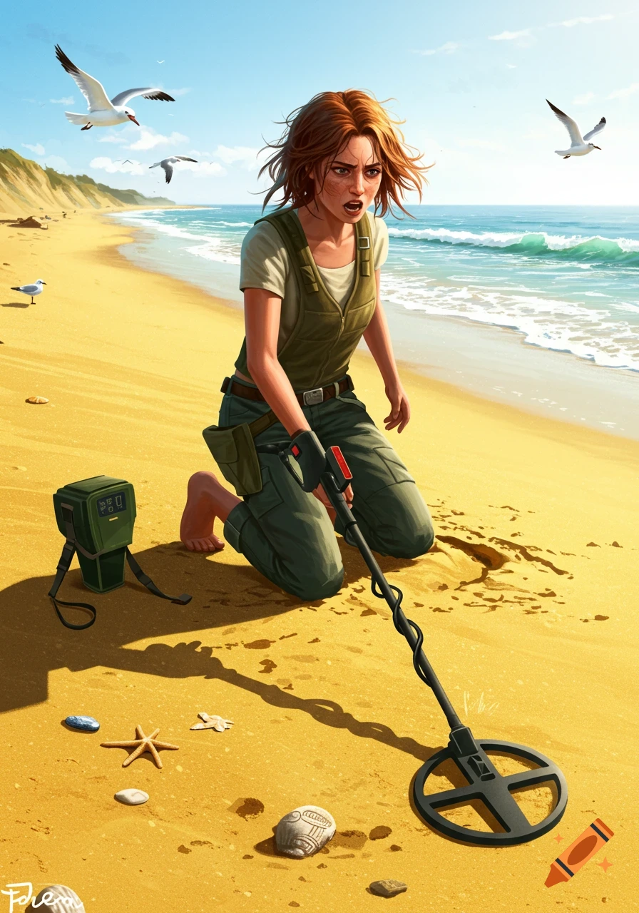 A woman kneels on a sunny beach with a metal detector, looking frantically at the sand as seagulls fly overhead. Illustration style.