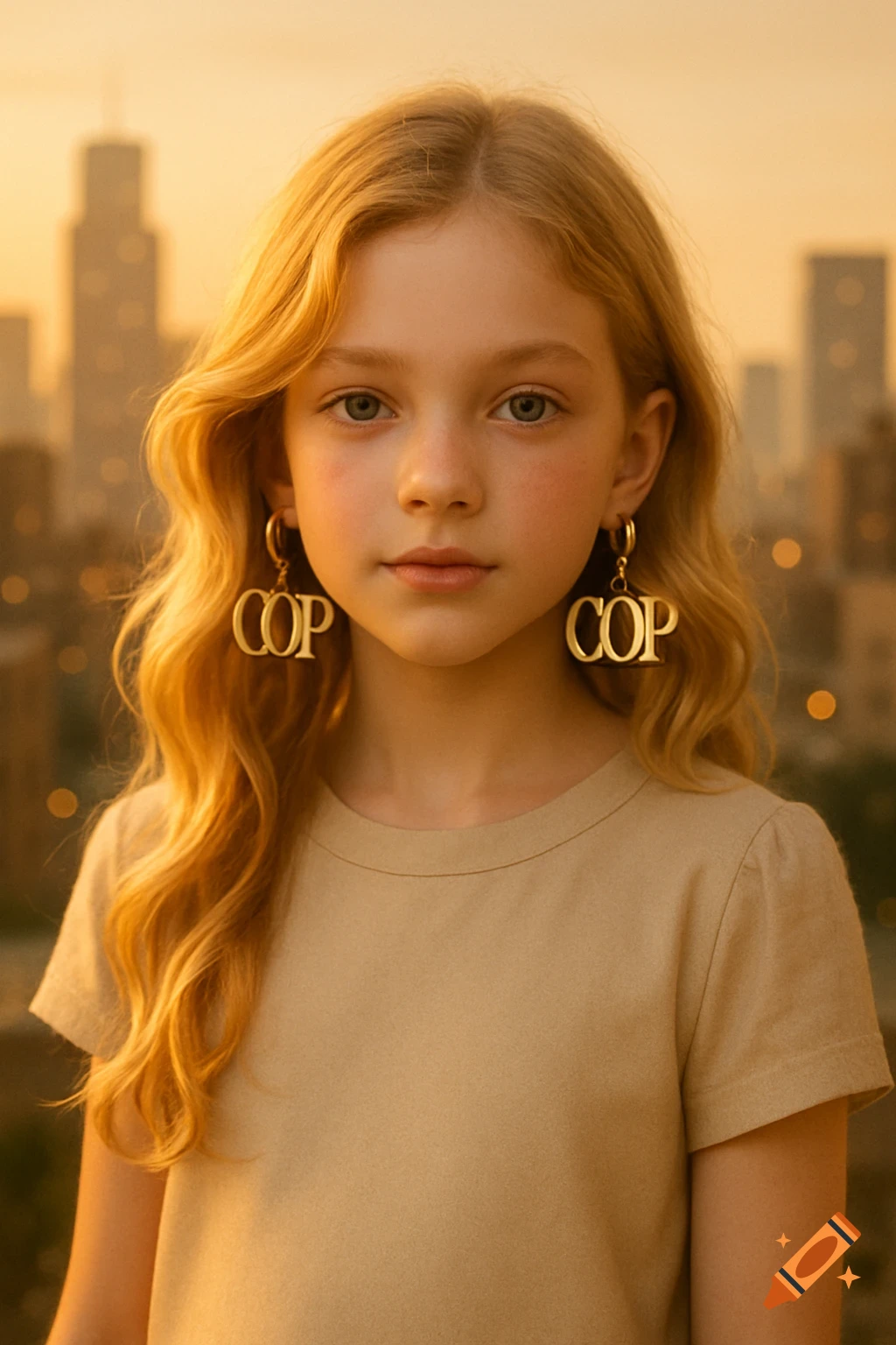 Photorealistic portrait of a blonde girl wearing 'COP' earrings, with a blurred city background at sunset.