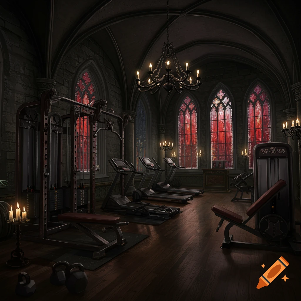 A dark gothic home gym with fitness equipment, red stained glass windows, and chandeliers.