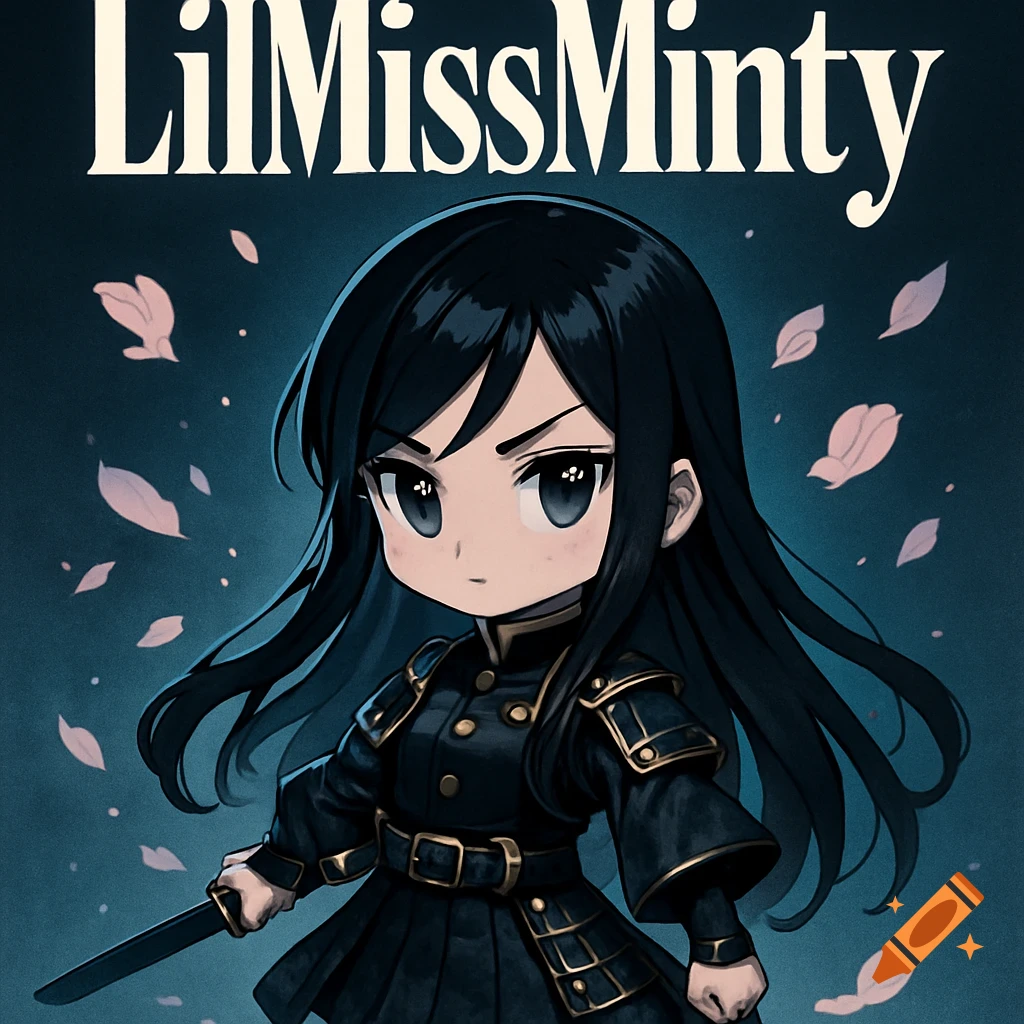 Chibi anime girl with long black hair in a black and gold outfit holding a sword, with pink petals floating around her. Text "LiLMissMinty" above.