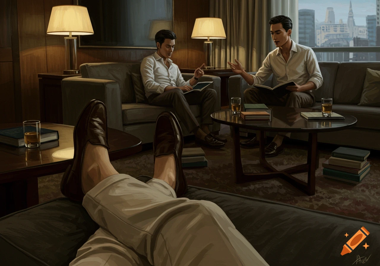 A realistic drawing of three men in a hotel lounge, two seated with books and a third with feet propped on a couch.