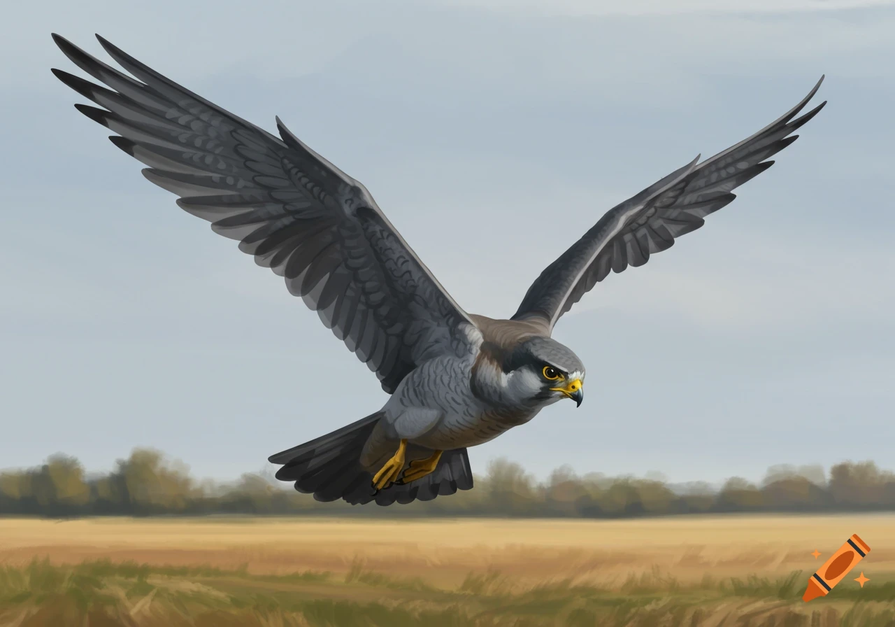 A grey and white falcon with yellow eyes flies over a golden field under a light blue sky.