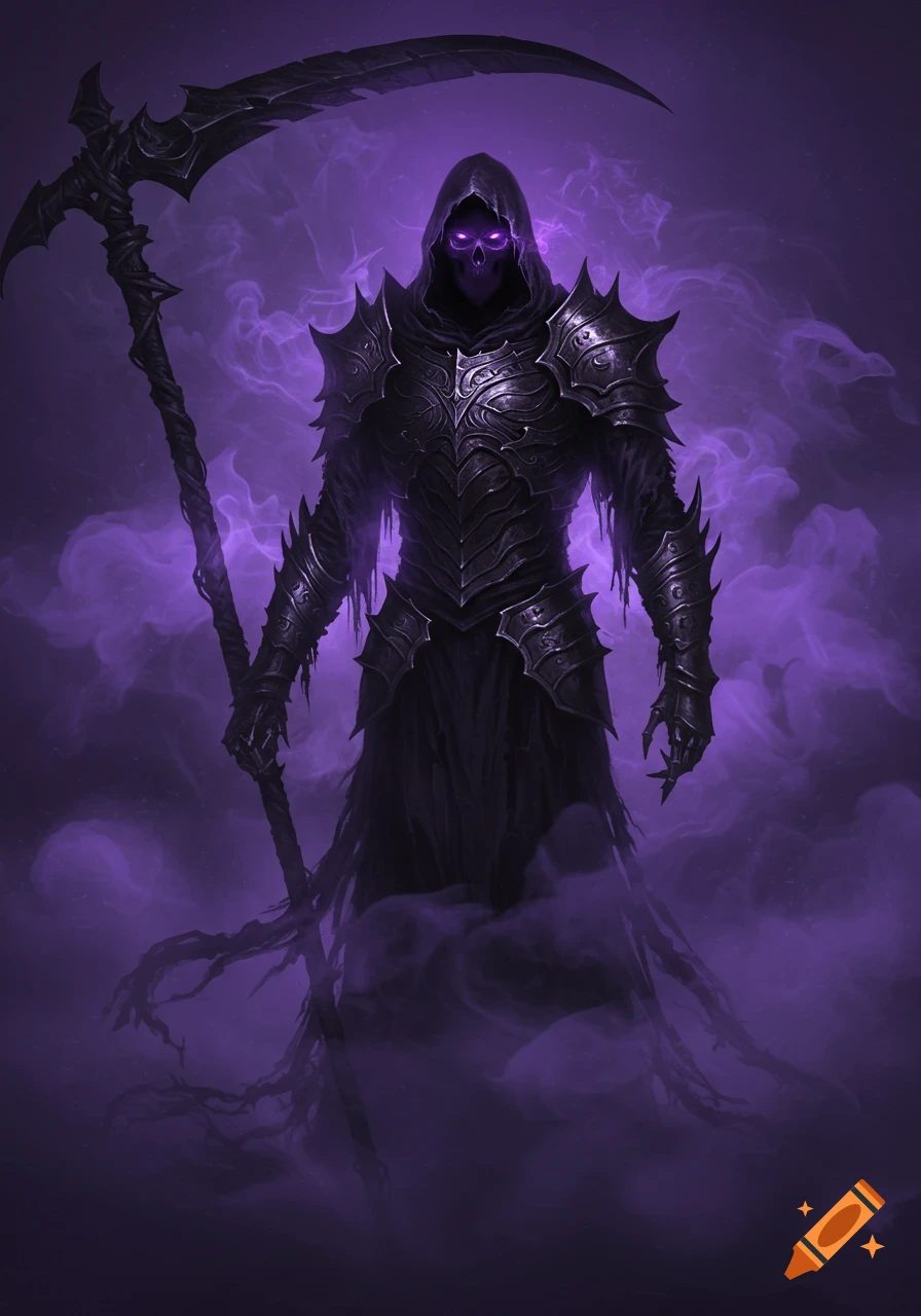 Dark fantasy illustration of the Grim Reaper in black spiky armor with glowing purple eyes, holding a scythe, surrounded by purple mist.