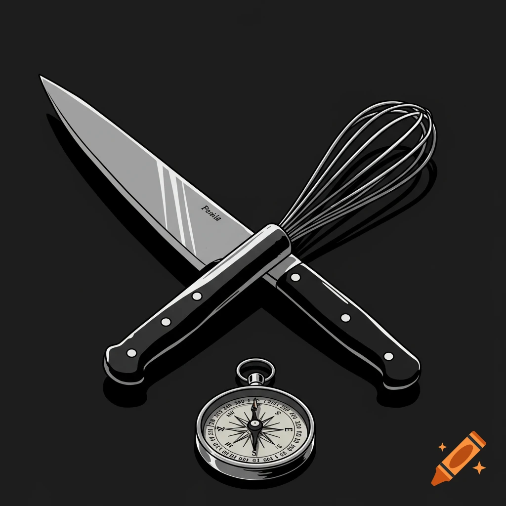 A cartoon noir illustration of a knife and whisk crossed in an X, with a compass beneath them on a dark background.