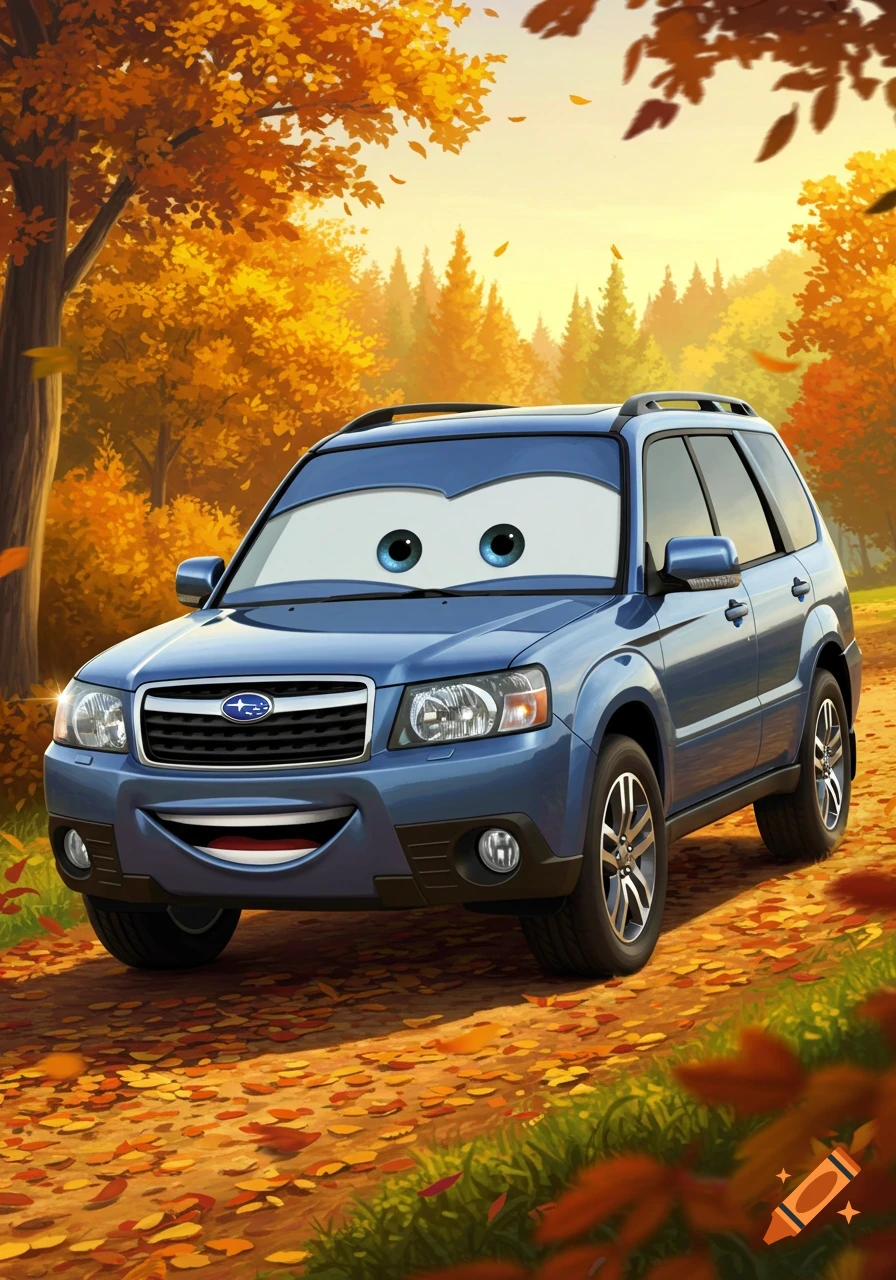 A blue Subaru Forester with cartoon eyes and a wide smile, like characters from the Cars movie, on a dirt path surrounded by golden autumn trees.