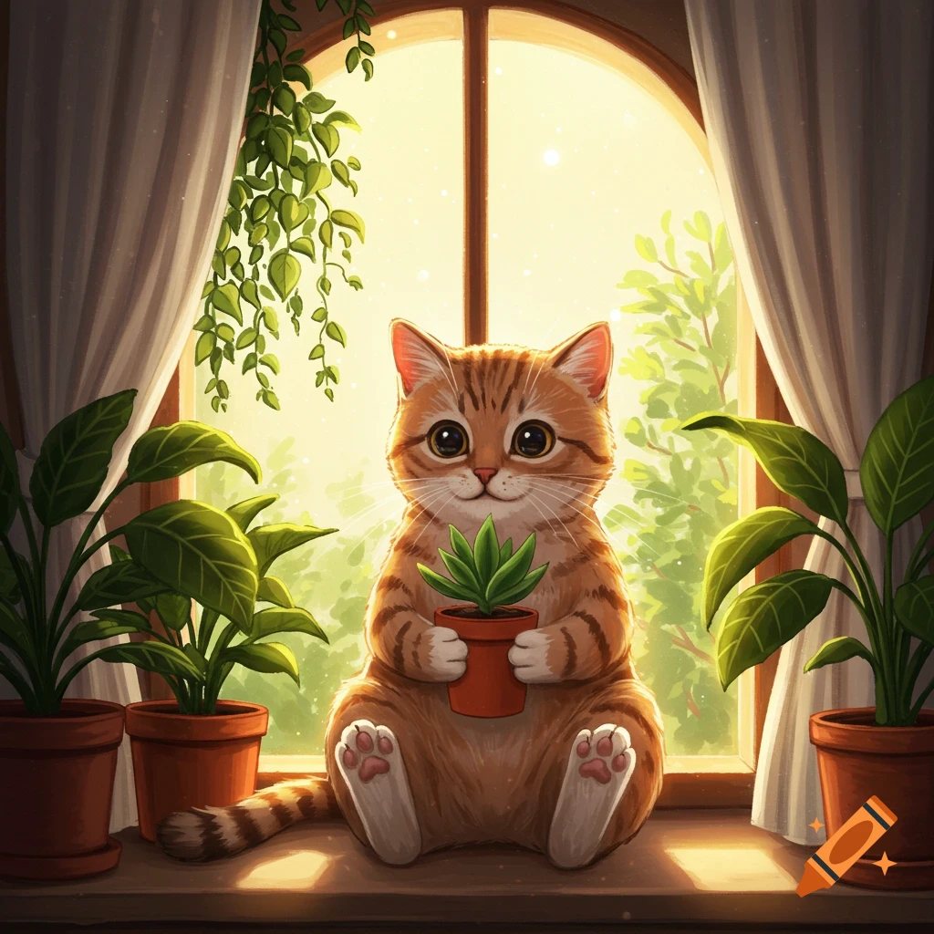 A cute, cartoon ginger cat sits on a windowsill, holding a small plant. Other plants surround it with sunlight shining through the window.