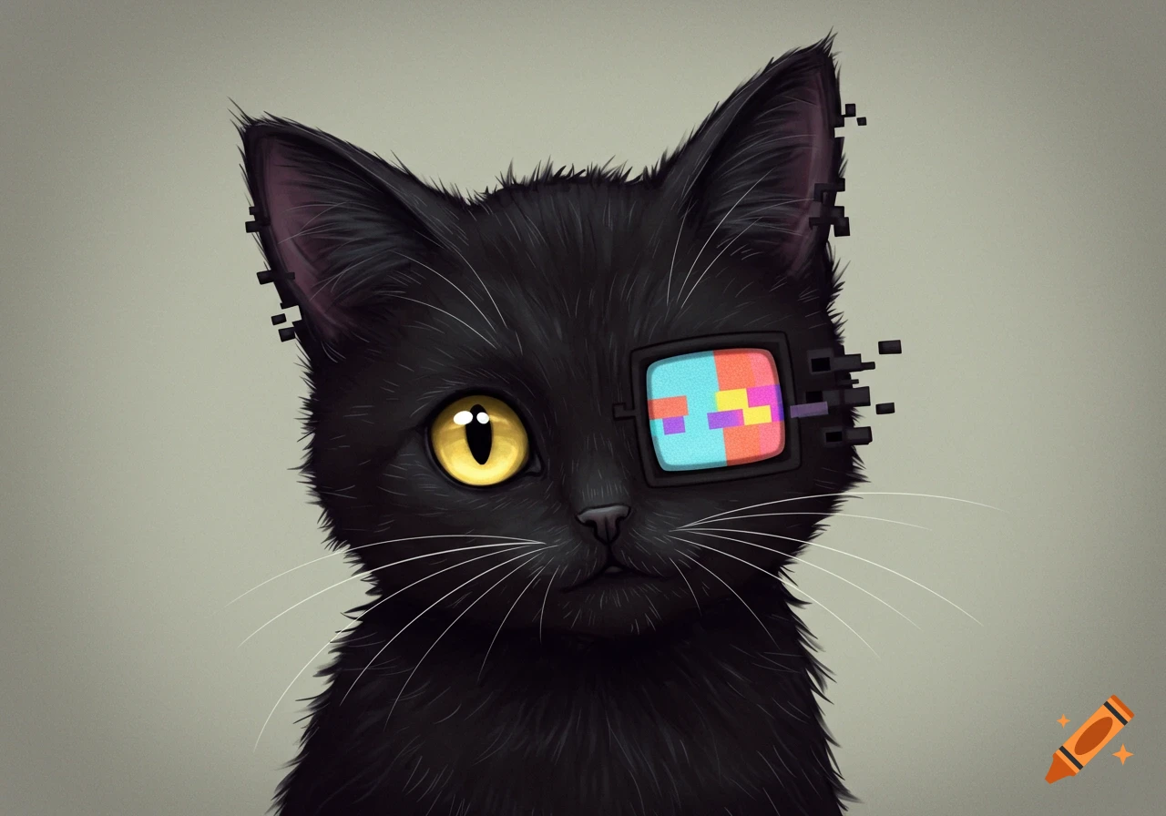 A cute, cartoony black cat with a bright yellow left eye and a right eye replaced by a colorful, static TV screen. Its right ear has pixelated edges.