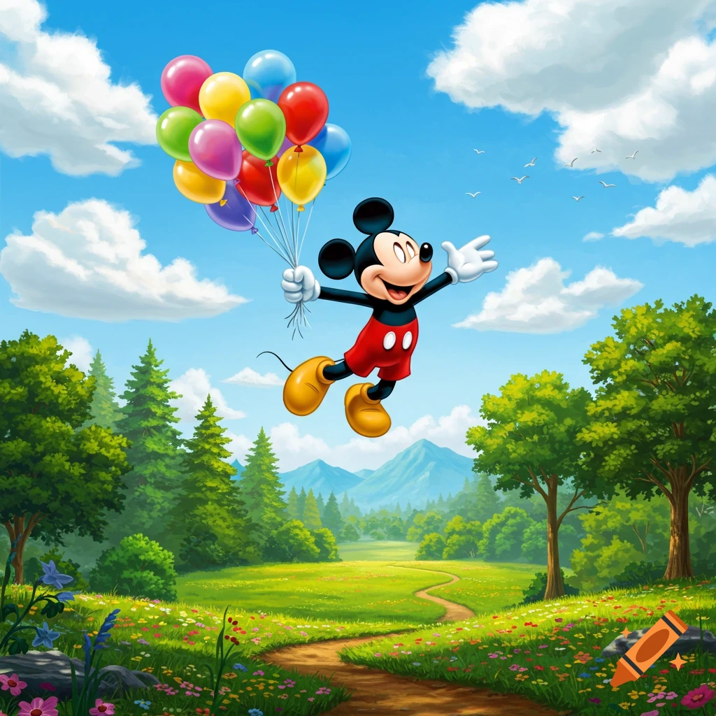 Mickey Mouse floats through a blue sky holding colorful balloons, over a vibrant green landscape with forests, flowers, and a winding trail.