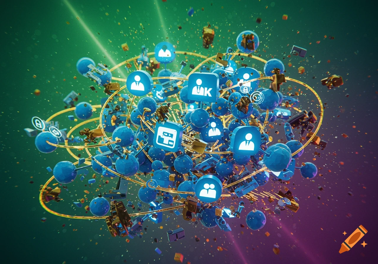 An abstract digital explosion of blue spheres, social media icons, golden rings, and scattered fragments on a green and purple background.
