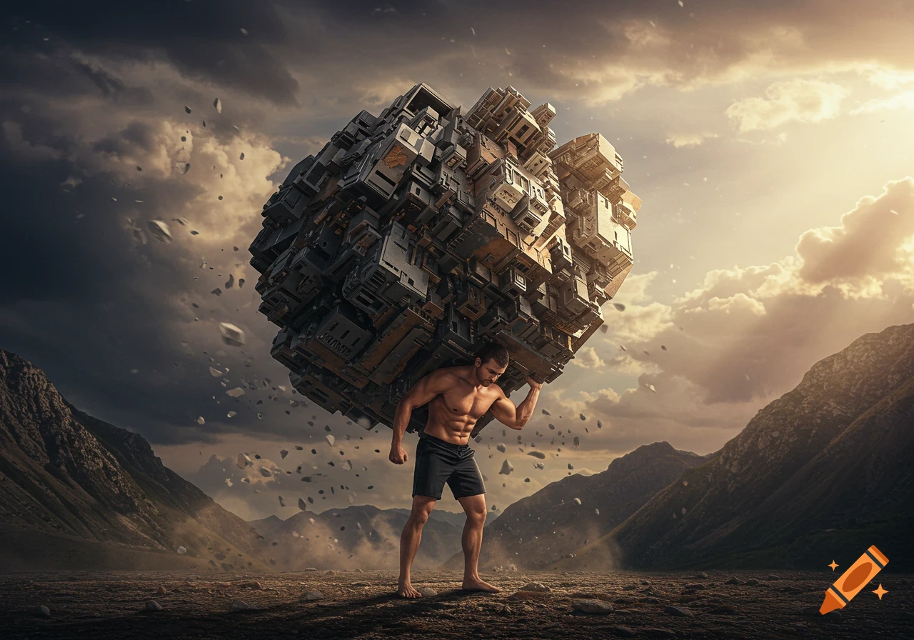 Muscular man carries a huge, complex mechanical cube on his back in a rocky, barren landscape under a stormy sky.
