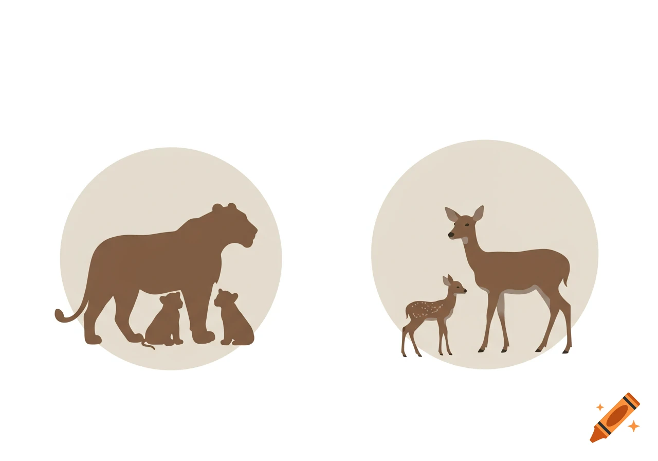 Minimalistic illustration of a brown lioness and two cubs, and a brown deer and a fawn, each in a light circle.