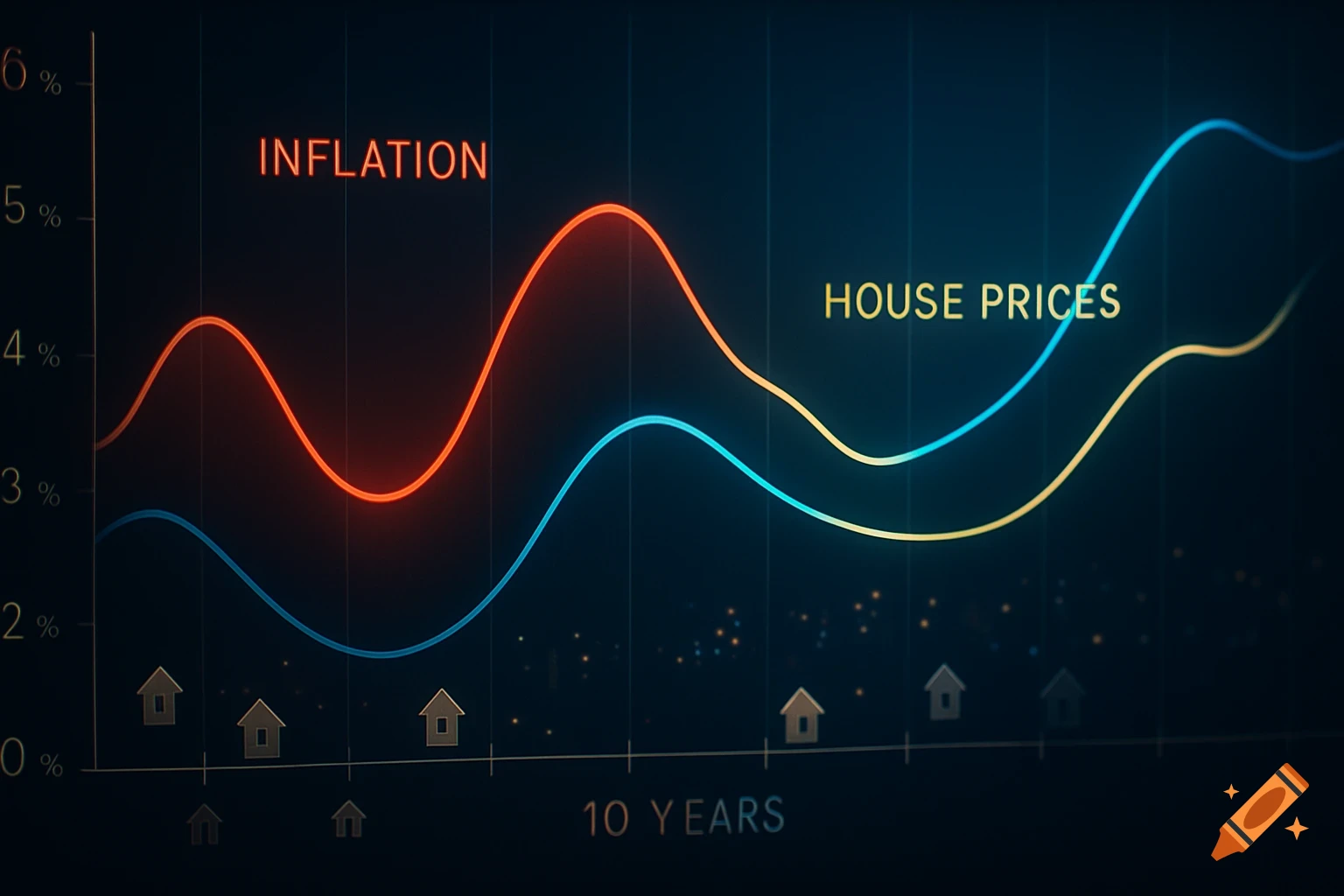 A dark blue chart with glowing red and yellow lines representing inflation and house prices over 10 years.