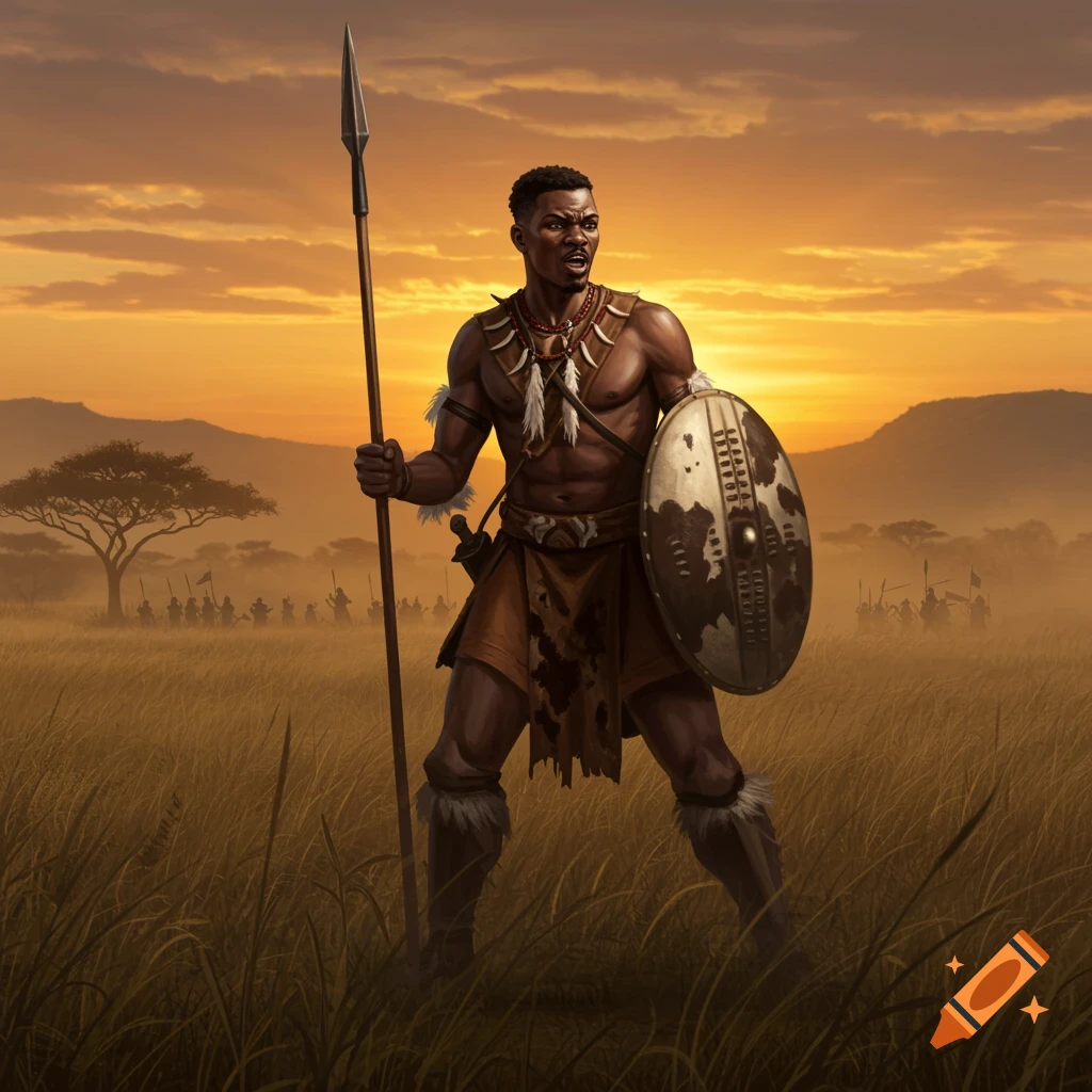A powerful Zulu warrior stands in a savanna field at sunset, holding a spear and shield with an army in the distance.
