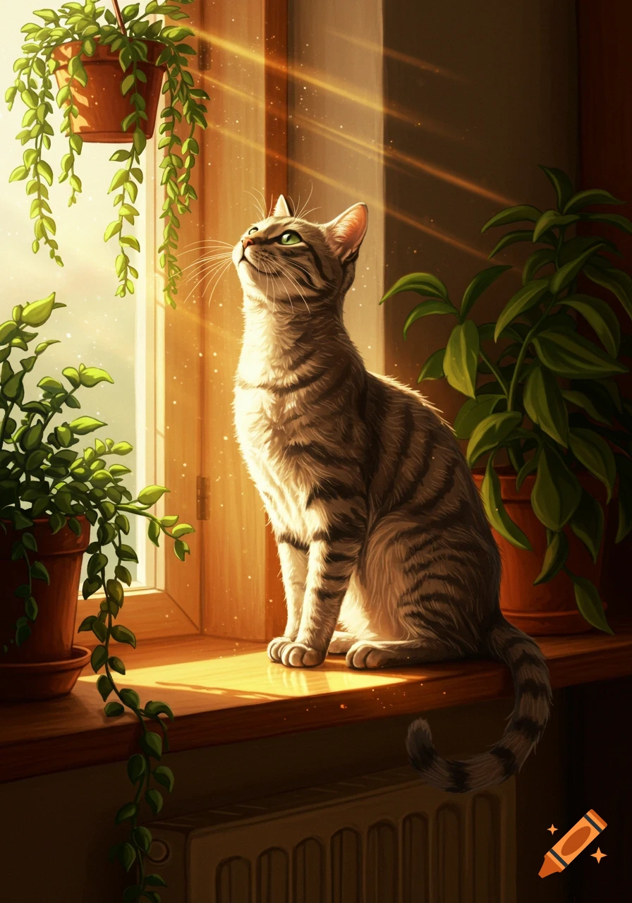 A tabby cat sits on a sunlit windowsill, looking up, with green houseplants and sunbeams illuminating dust motes.