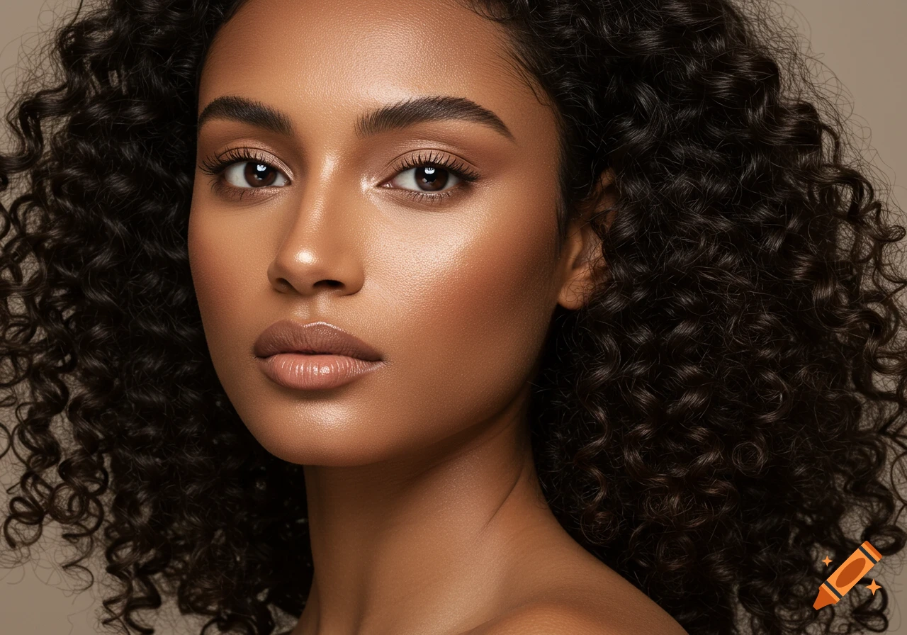 Close-up portrait of a woman with dark curly hair and radiant skin, looking directly at the camera. Photorealistic style.