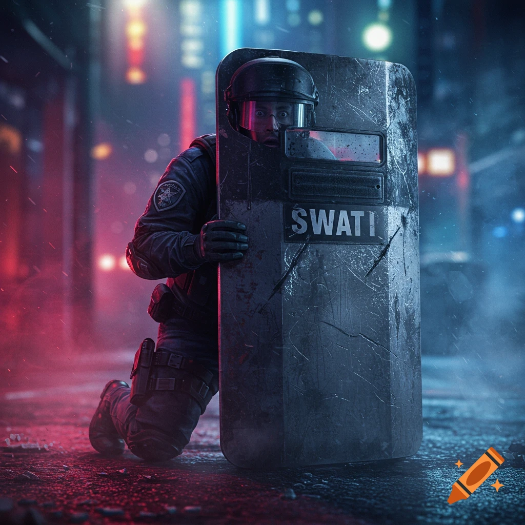 A heavily armored SWAT officer kneels behind a large, scratched shield on a rainy, neon-lit street, looking scared through their helmet visor.