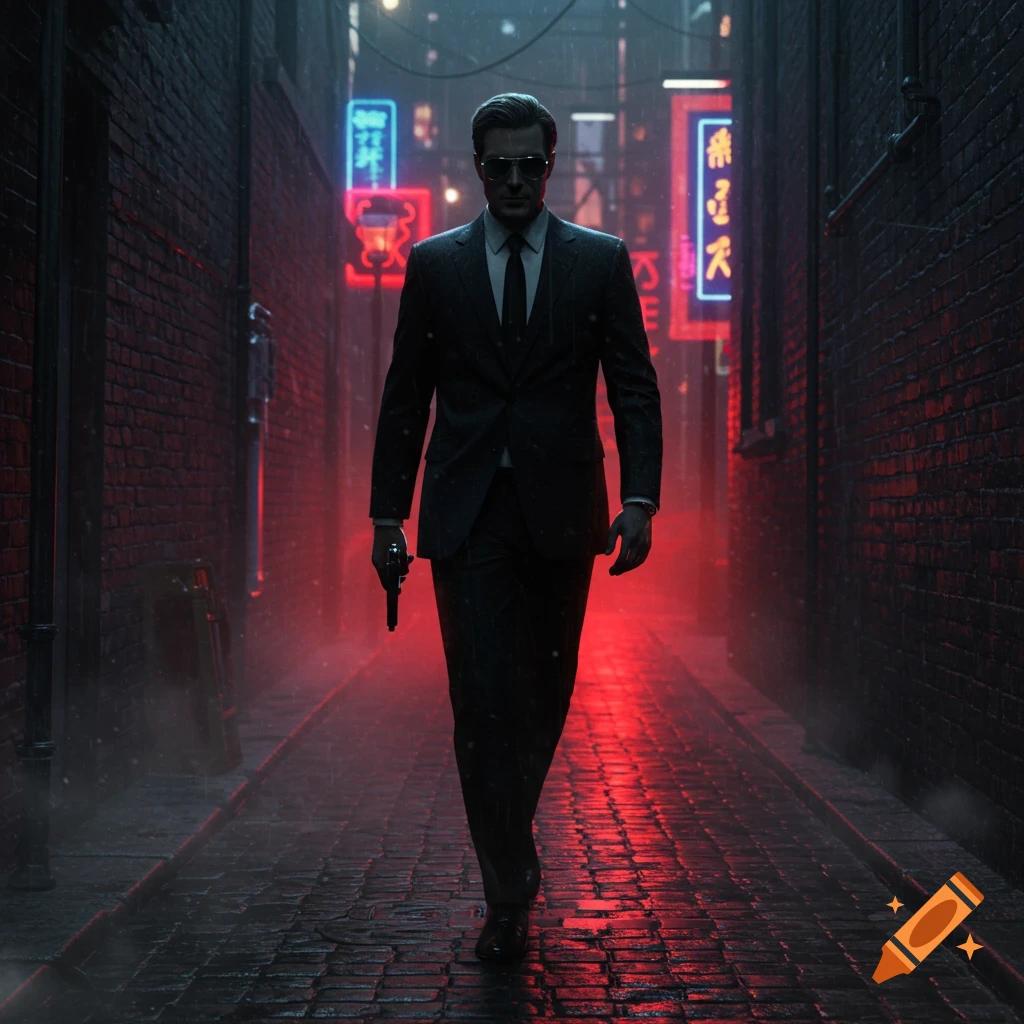 A man in a dark suit and sunglasses walks through a rainy, neon-lit alley holding a pistol.