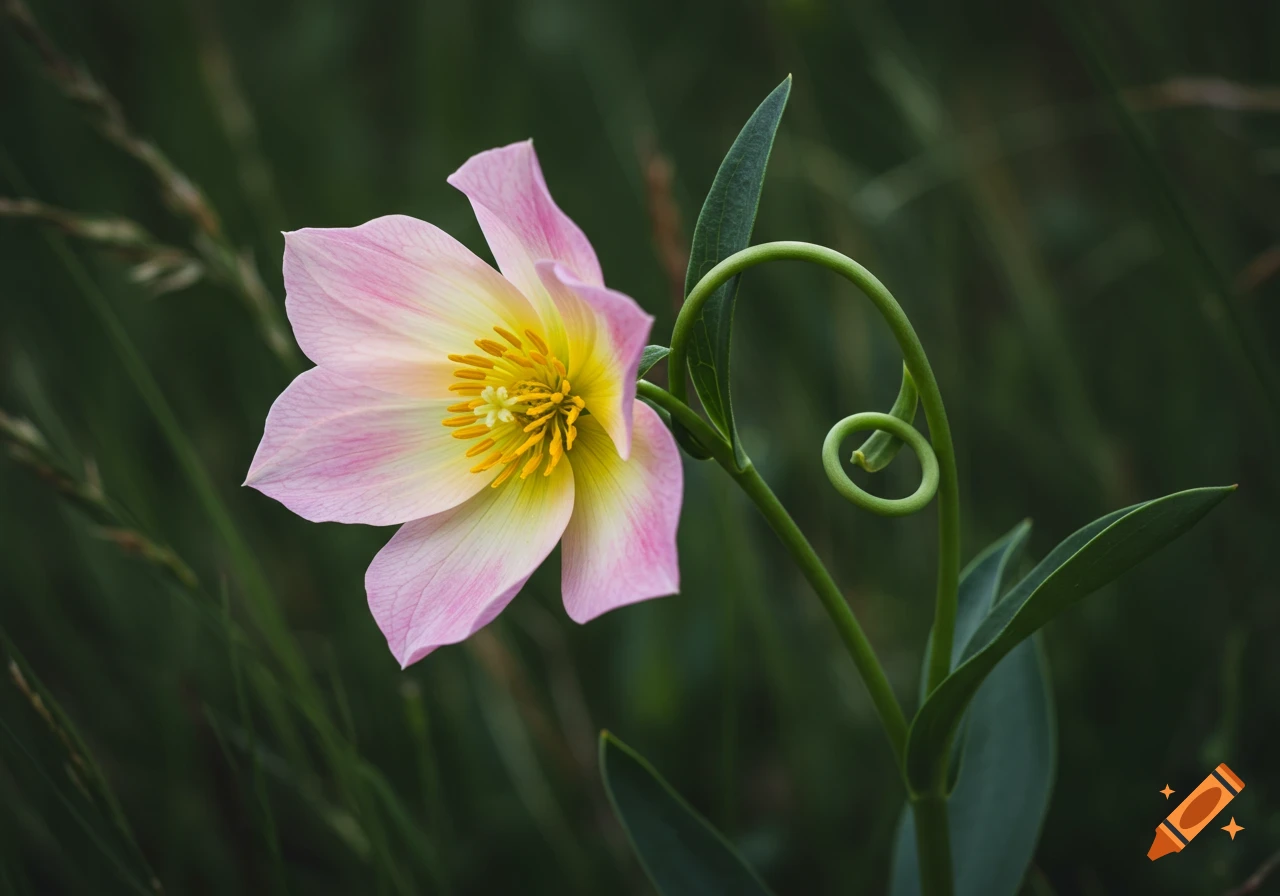 Close-up of a light pink and yellow flower with a green, curly stem against a dark green blurred background.