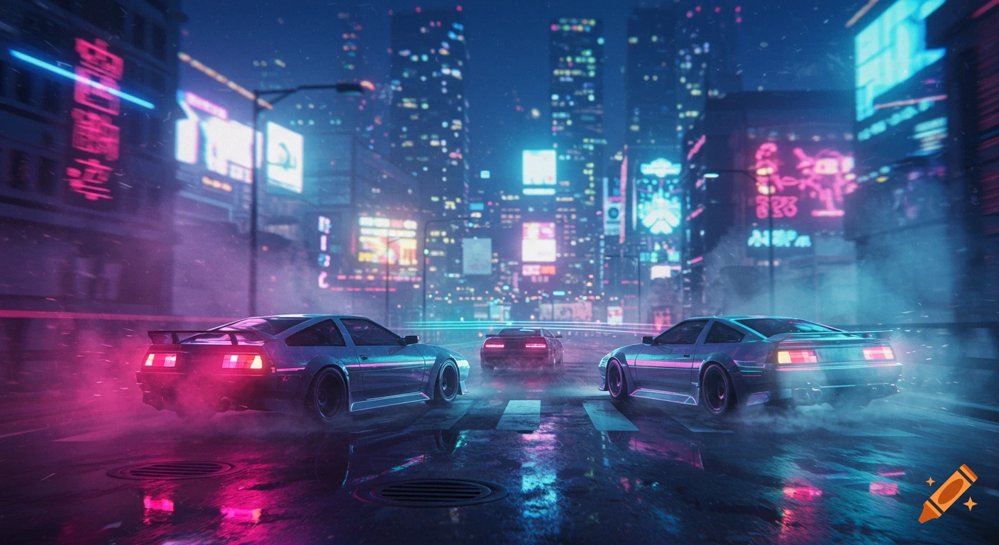 Three neon-lit cars speed through a futuristic, rain-slicked city street at night, illuminated by vibrant pink and blue signs.