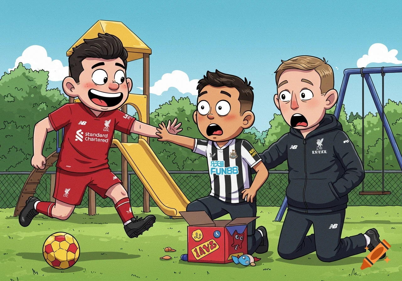 A cartoon illustration of a playground scene with three boys. One boy in a red Liverpool FC kit runs away grinning with a toy, while another boy in a black and white Newcastle United kit kneels, looking shocked next to an open toy box. A third boy in a black hoodie kneels beside him, also looking shocked.
