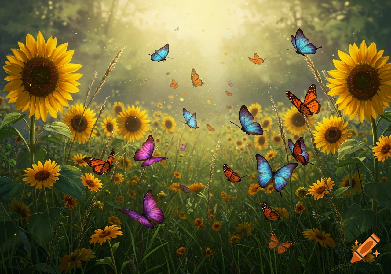 A vibrant field of yellow sunflowers under a glowing sky, with numerous colorful butterflies flying among them.