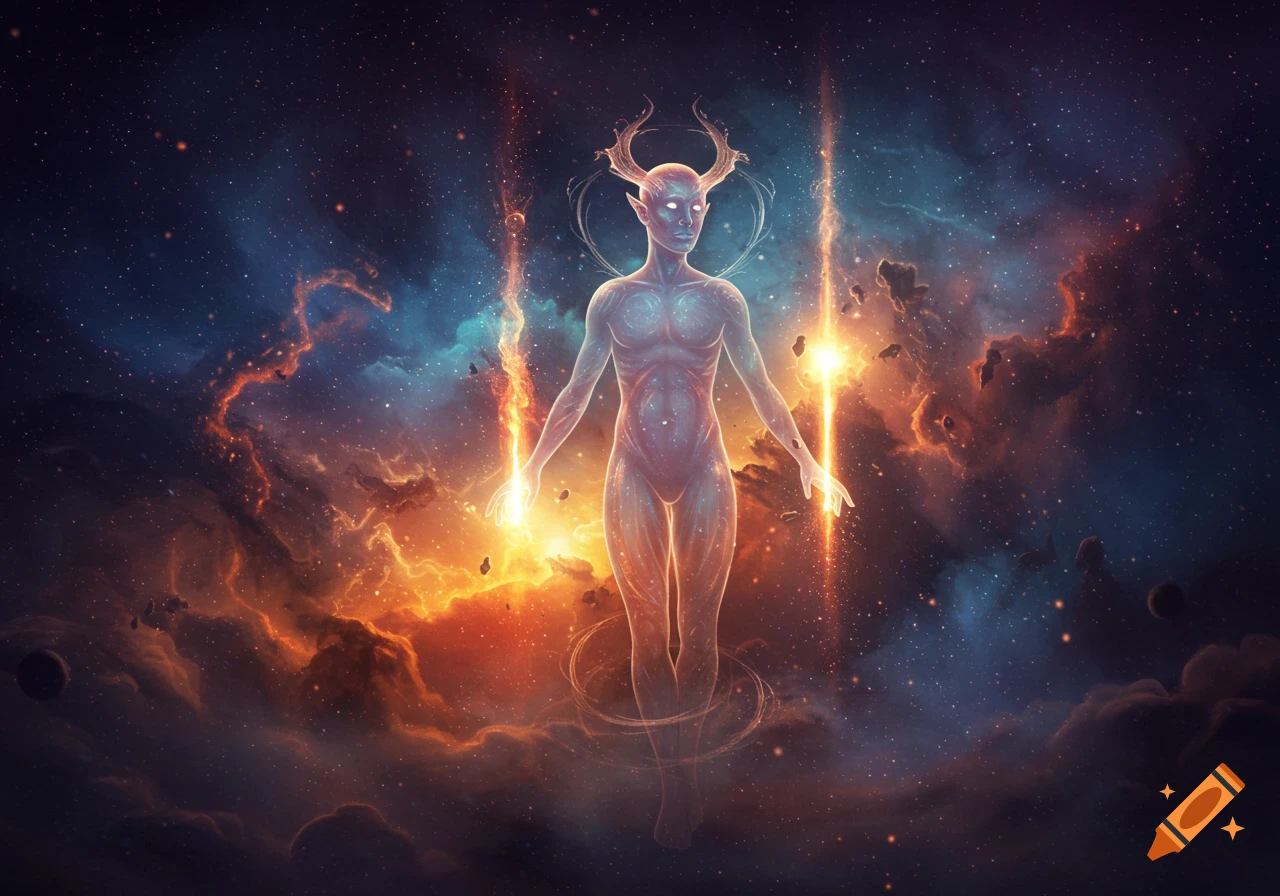 Ethereal horned figure with glowing eyes floats in a vibrant cosmic nebula with orange and blue clouds and stars.