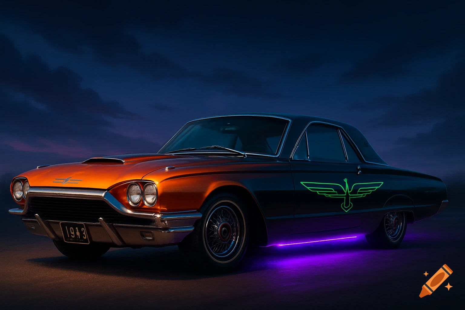 A custom 1965 Ford Thunderbird with candy orange front and black rear, green neon bird logo, and purple underglow at dusk.