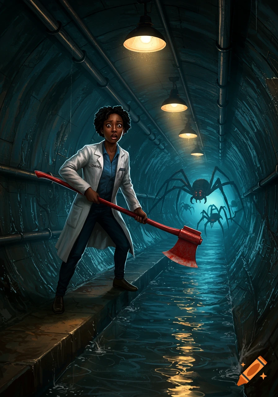 A terrified person in a lab coat holds a bloody axe while confronting giant spiders in a dark, flooded sewage tunnel.