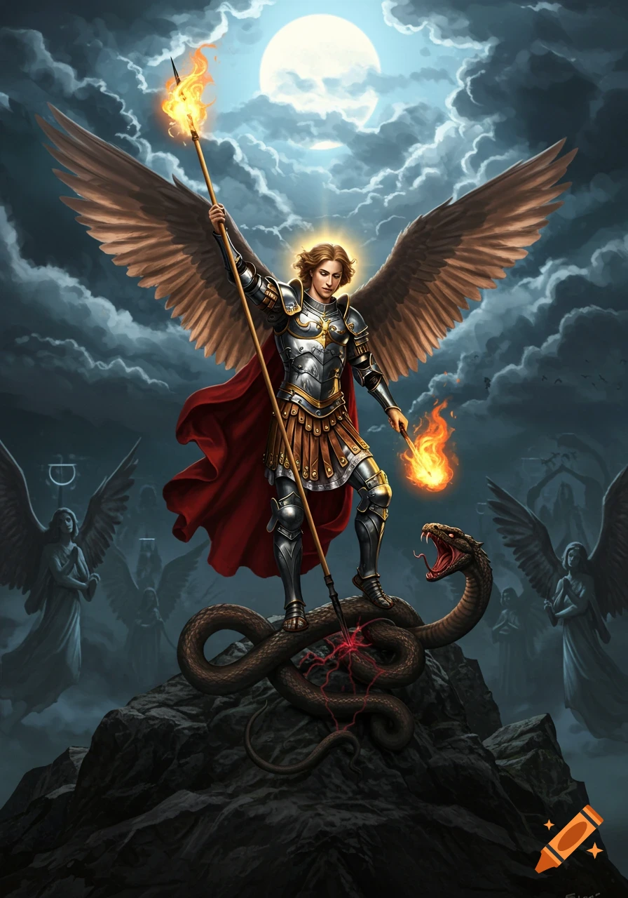 Archangel Michael in shining armor, with large wings, stands triumphantly on a coiled serpent, holding a flaming spear and torch under a full moon.