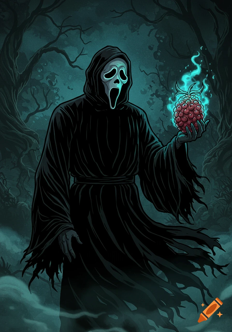 Ghostface, in a dark forest, holds a glowing red fruit emanating blue flames in a stylized illustration.