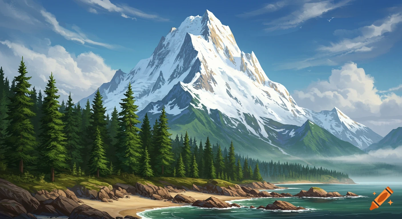 An epic landscape featuring a snow-capped mountain descending into a lush evergreen forest, leading to a rocky beach and dark green sea under a blue sky.