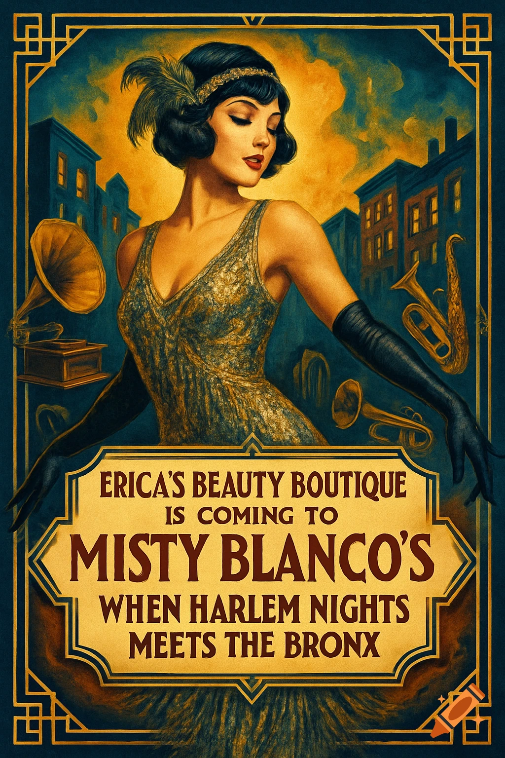 Vintage Art Deco poster featuring a flapper woman in a city setting, advertising 'Erica's Beauty Boutique' and 'Misty Blanco's'.