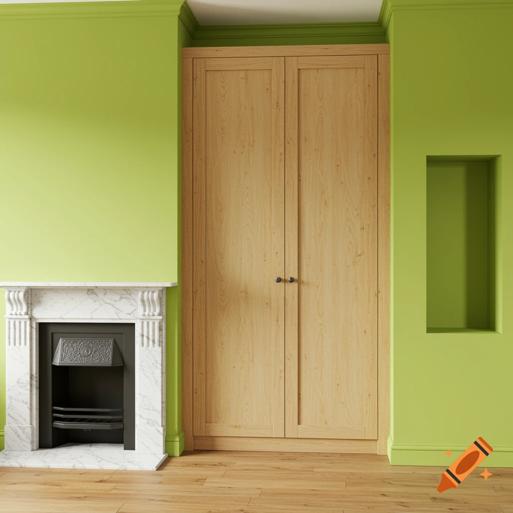 A photorealistic image of a lime green room with a wooden wardrobe built into an alcove next to a white marble fireplace.