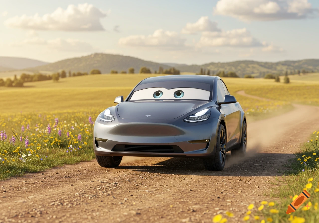 A grey Tesla Model Y with big cartoon eyes, in the style of Pixar Cars, drives on a dirt road through a sunny field with wildflowers.