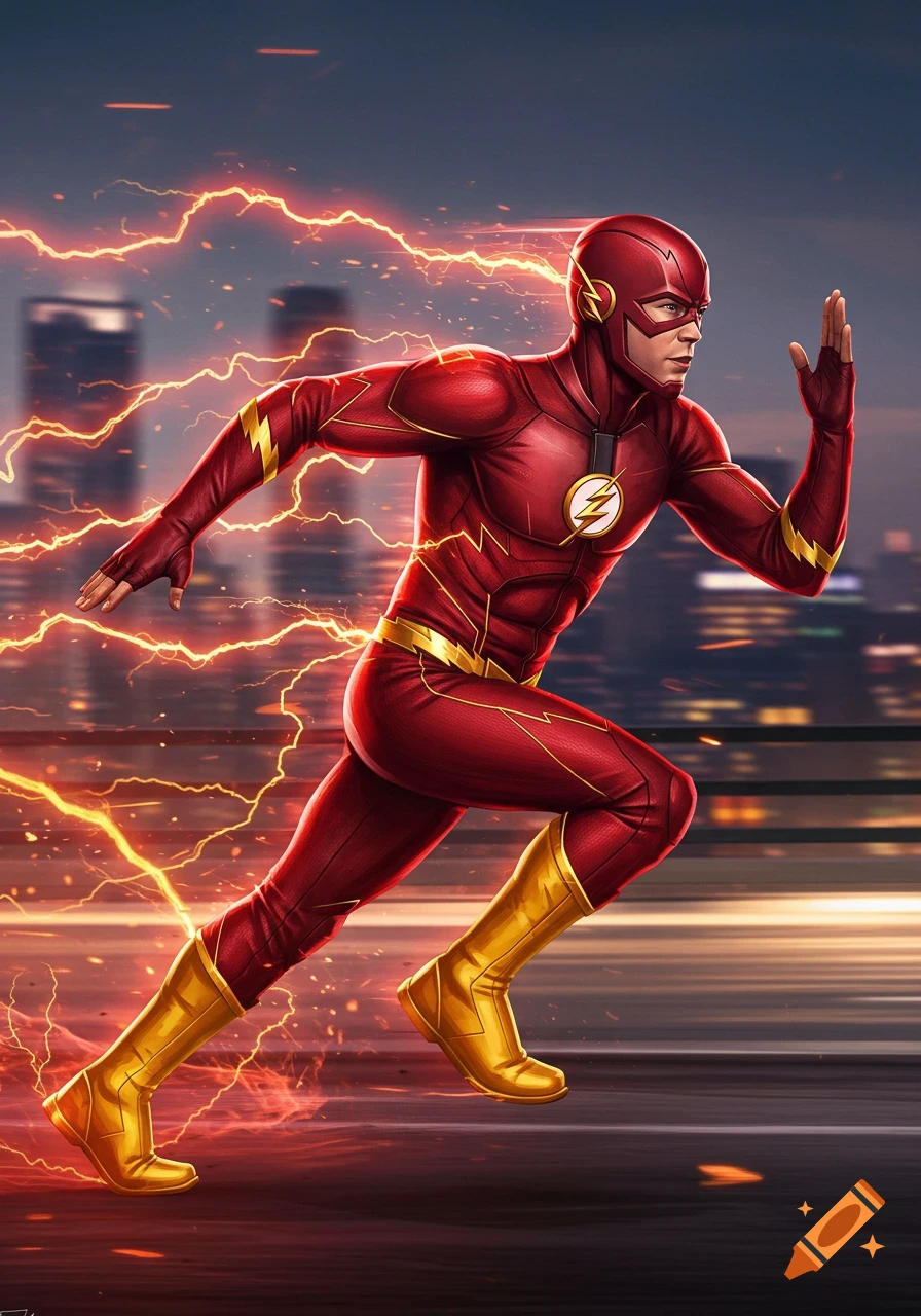A dynamic illustration of The Flash in his red suit with lightning trails, running at super speed through a city at dusk.