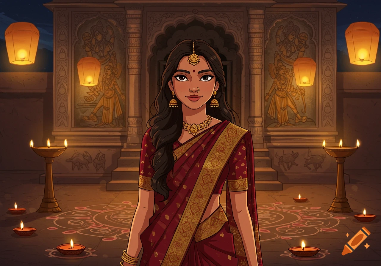 Cartoon of an Indian woman in a red saree and gold jewelry, standing amidst lanterns and oil lamps at a temple setting at night.
