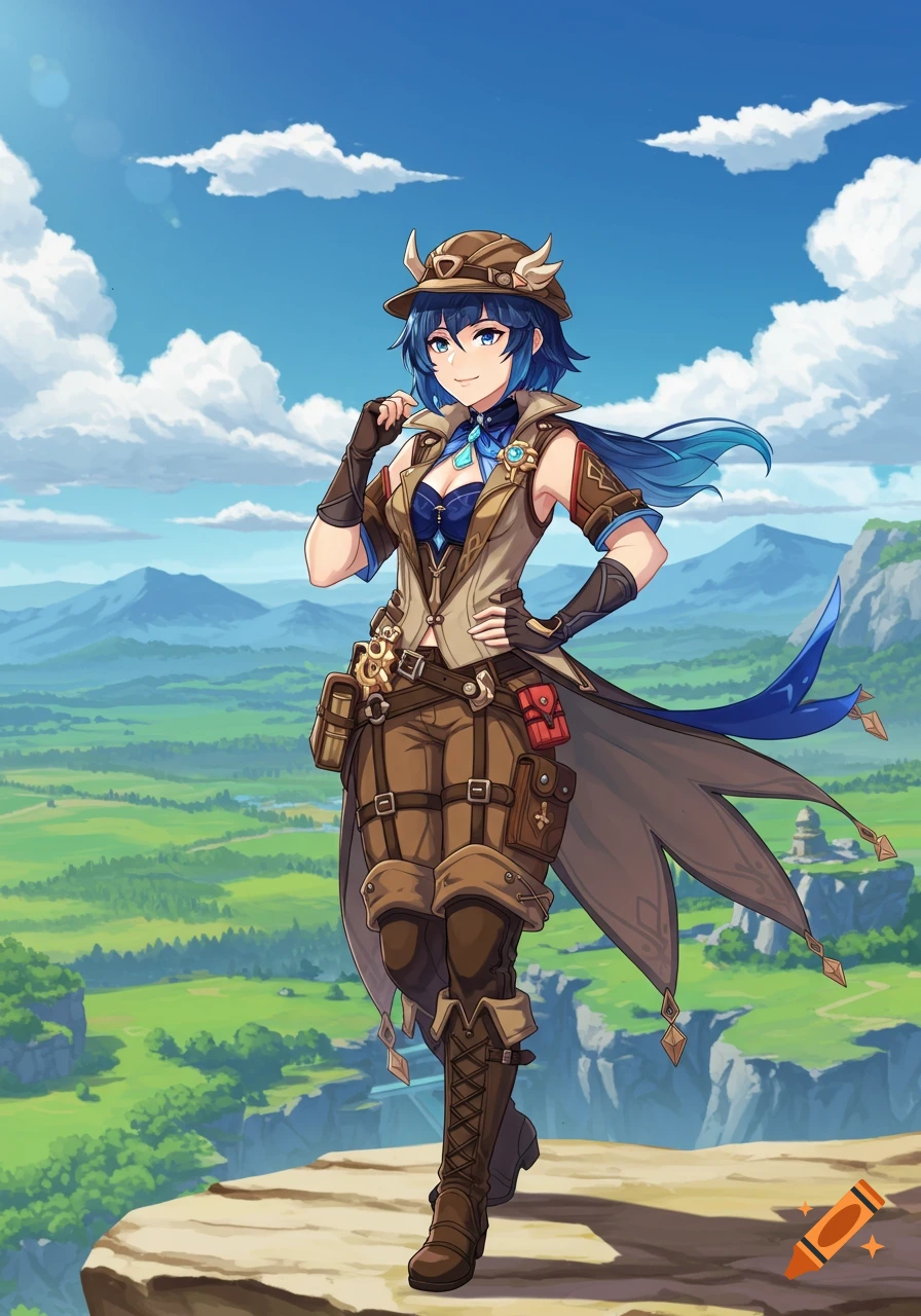 Anime-style female character with blue hair in an adventurer outfit stands on a cliff overlooking a green valley and mountains under a blue sky.