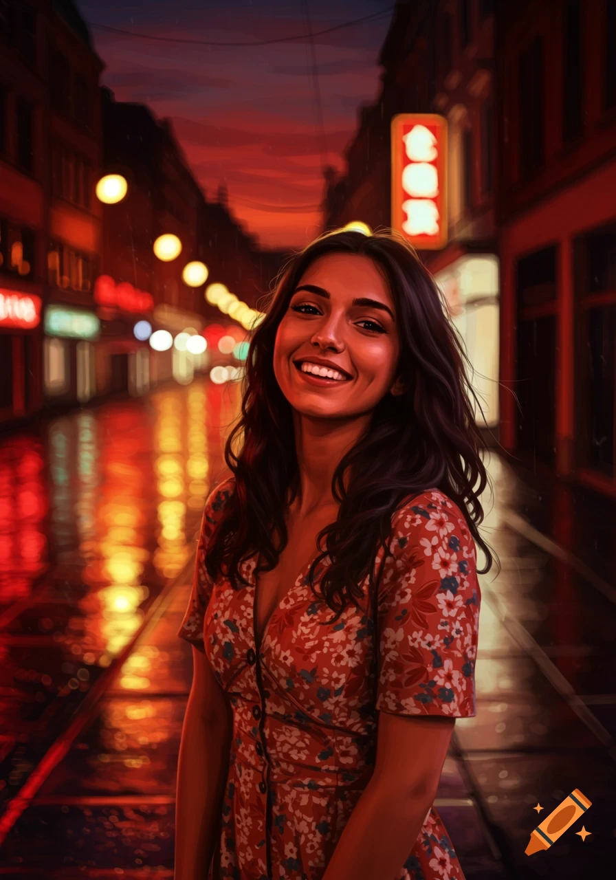 Smiling woman in a floral dress on a rainy city street at night, digital painting.