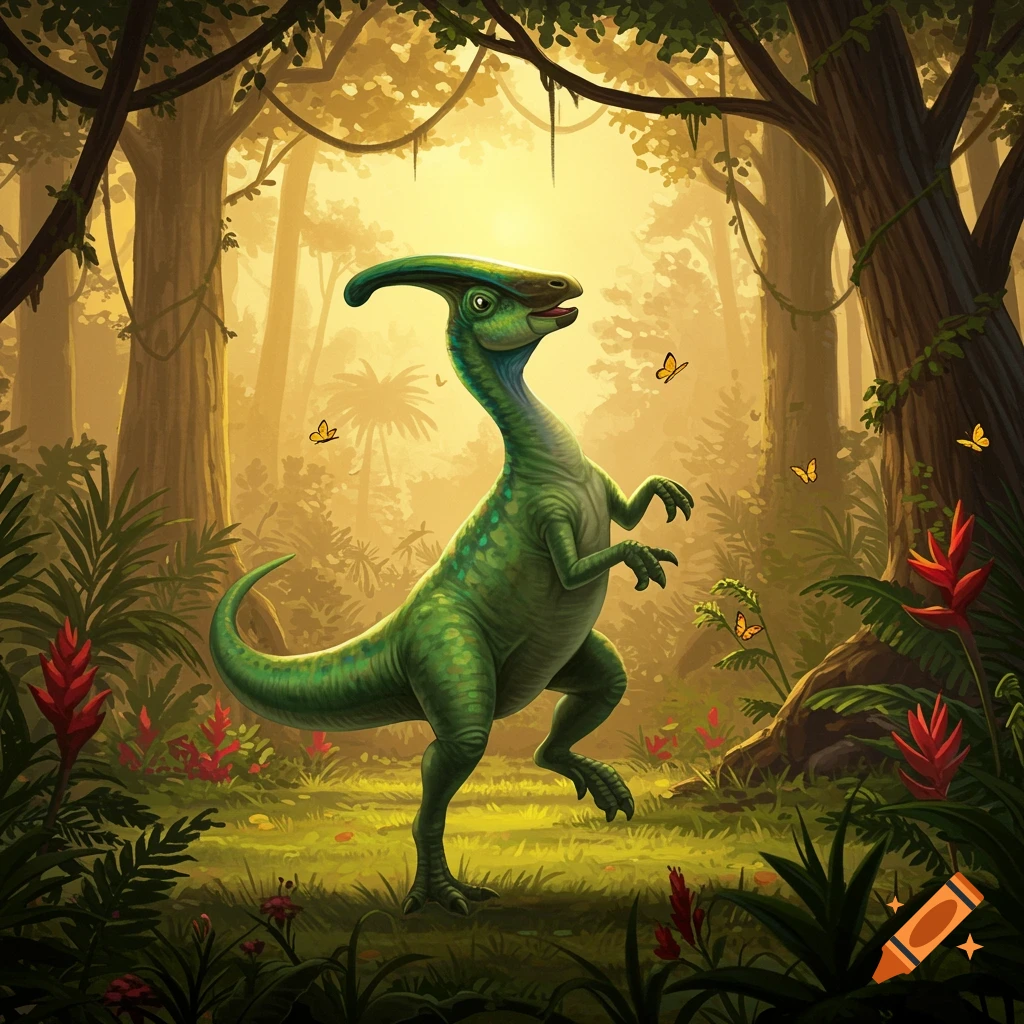 A vibrant green Parasaurolophus-like dinosaur dances in a sunlit, lush jungle with butterflies, stylized illustration.