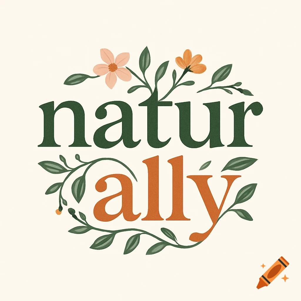 A logo for 'natur ally' with 'natur' in green and 'ally' in orange, surrounded by green leaves and flowers.