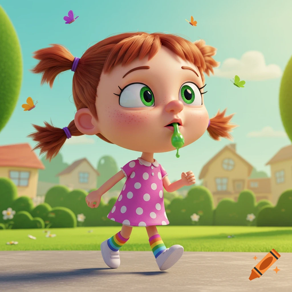 A cute cartoon girl with red pigtails, green goo dripping from her mouth, walks outdoors in a pink polka dot dress.