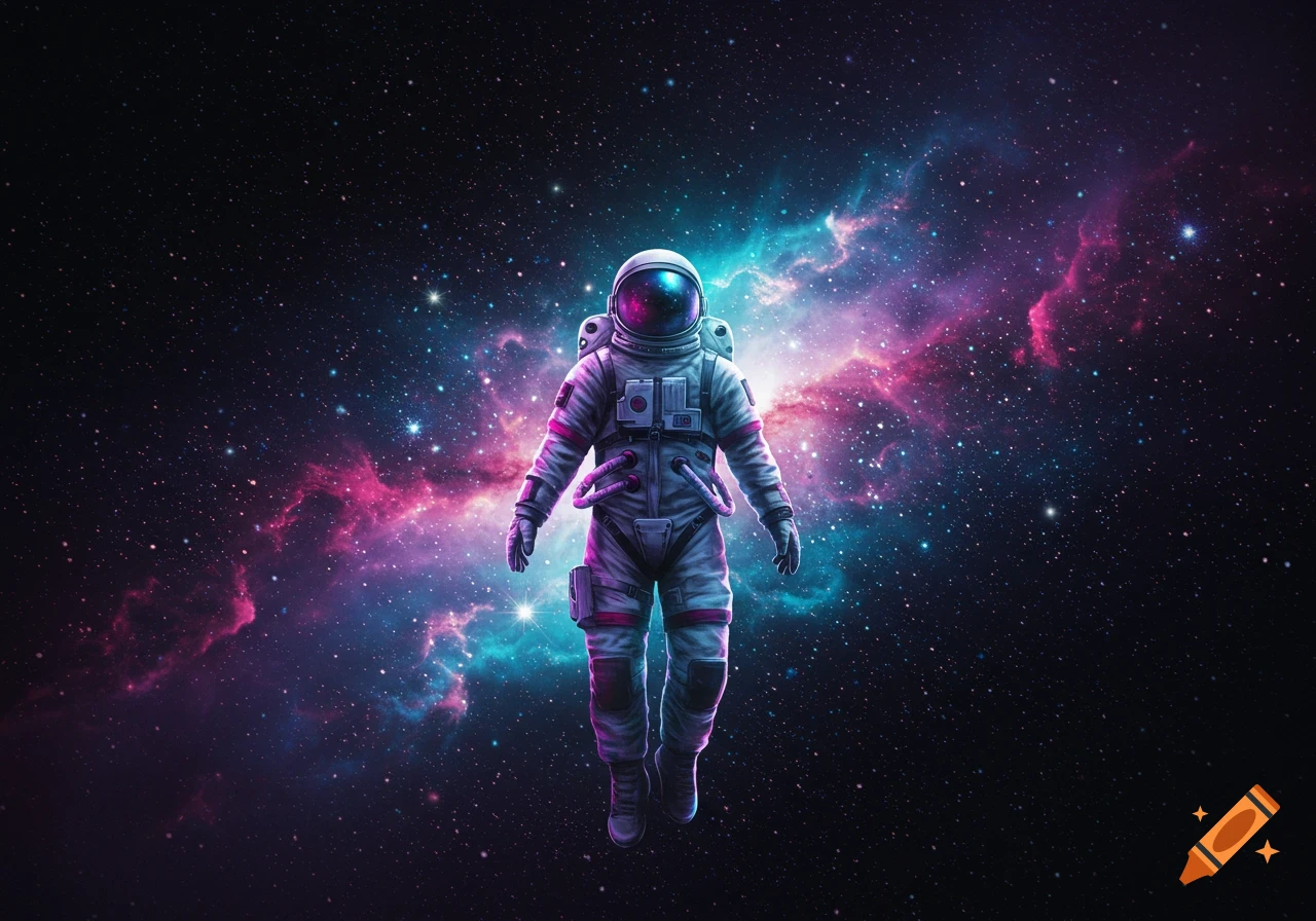 An astronaut in a white suit with purple and pink shading floats in deep space against a vibrant nebula backdrop.