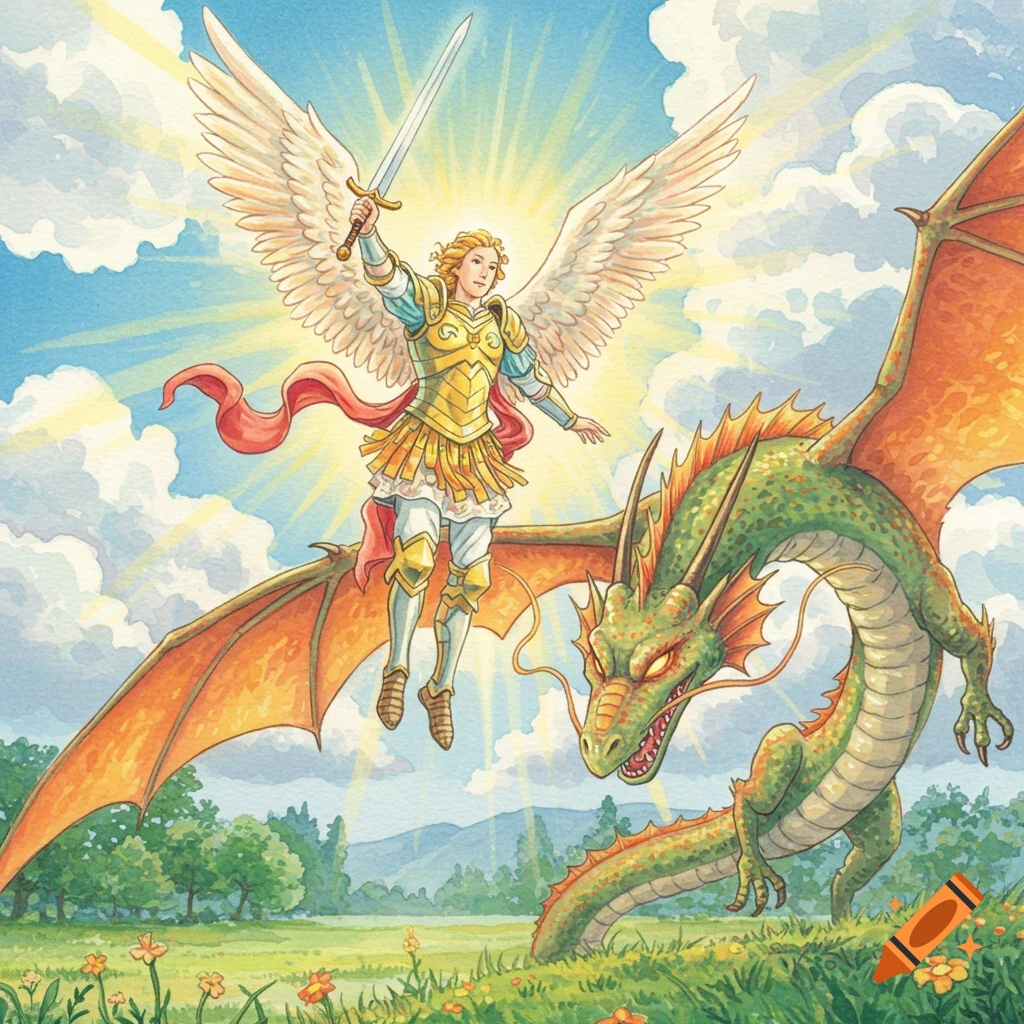 Angel in golden armor with sword and wings over a green dragon in a field, bright sky, illustrated style.