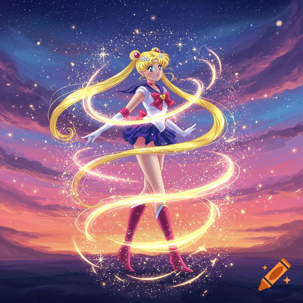 Sailor Moon transforms amidst a swirling vortex of golden light and sparkles against a vibrant sunset sky.