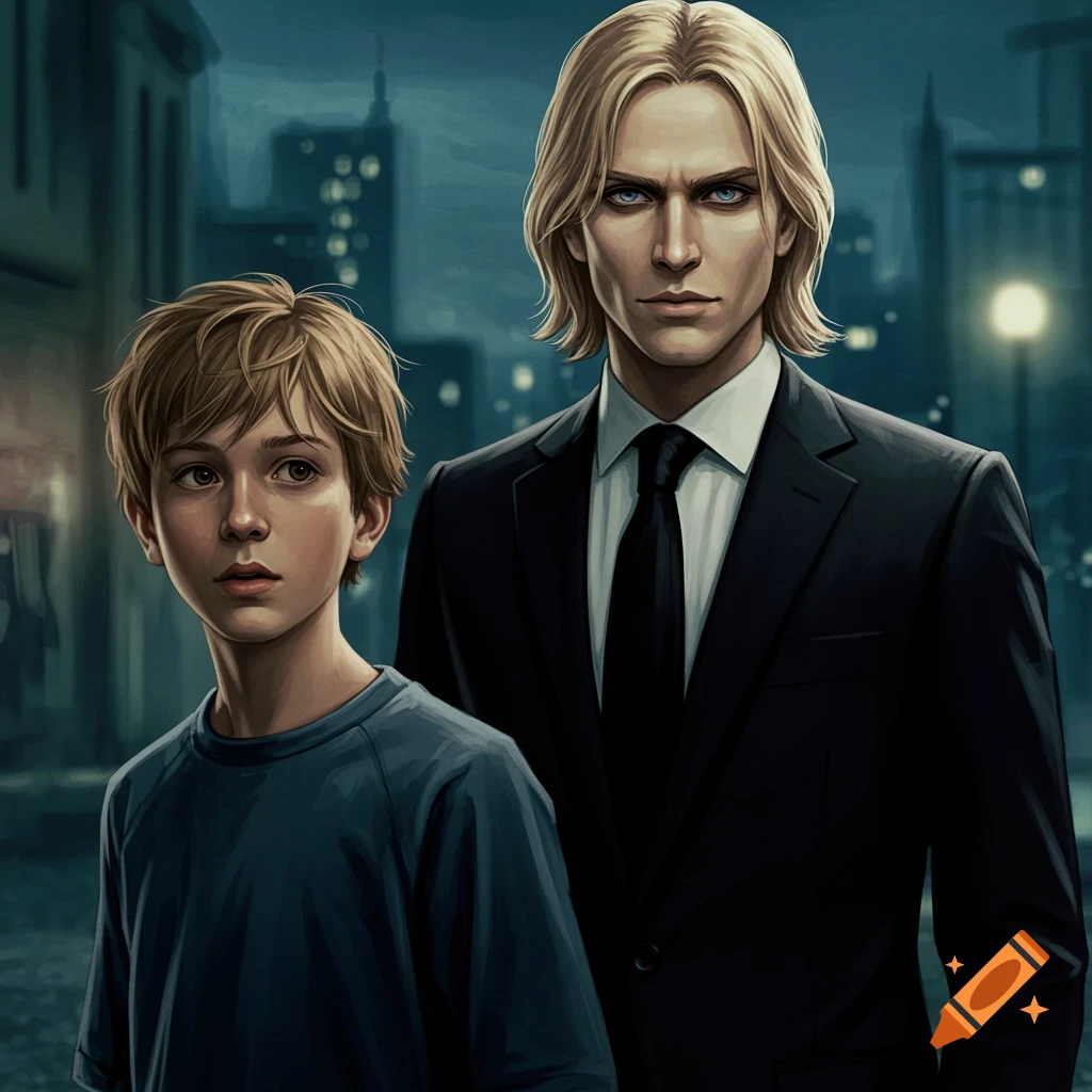 Digital art of a blond man in a suit standing behind a young boy with brown hair on a dark city street at night.
