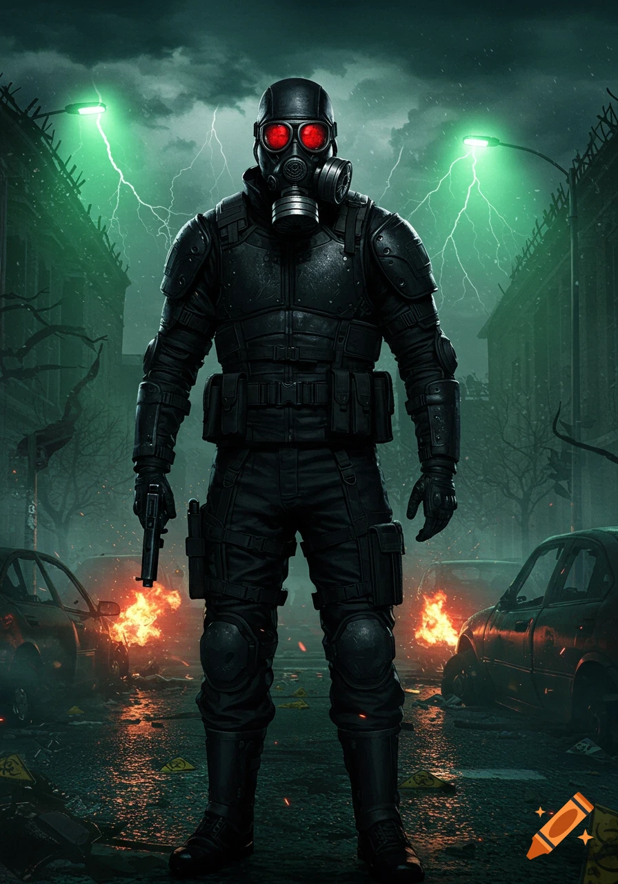 A figure in a black gas mask and tactical gear stands in a destroyed city street with burning cars, green streetlights, and lightning. Photorealistic style.