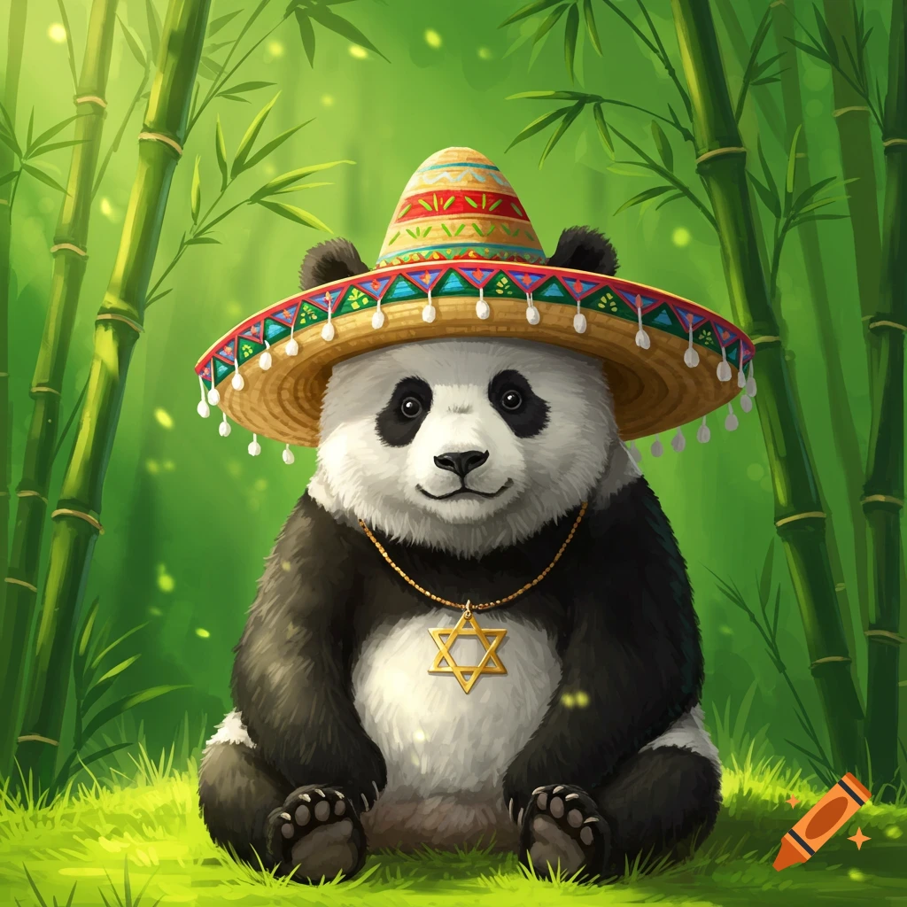 Cartoon panda wearing a sombrero and Star of David necklace, sitting in a colorful bamboo forest.