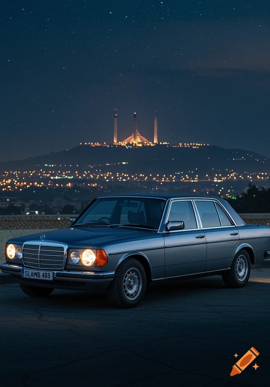 A classic gray Mercedes Benz W126 car parked at night with illuminated city lights and a large mosque in the background.