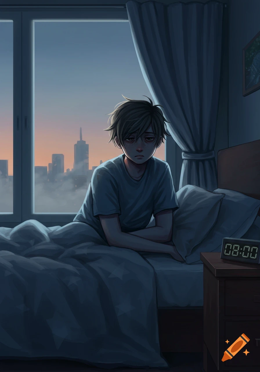 An anime illustration of a tired young person sitting up in bed at dawn, with a city skyline visible outside the window. An alarm clock reads 08:00.